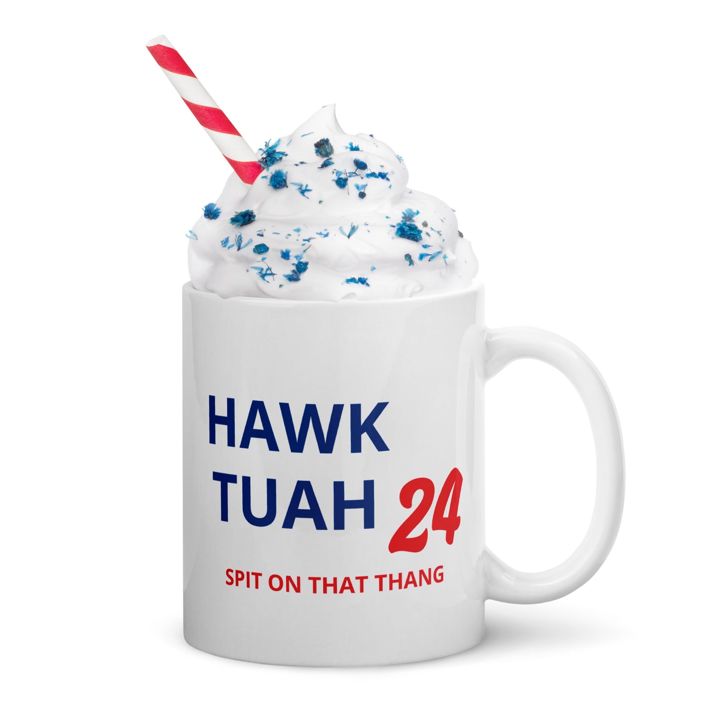 White glossy Hawk Tuah mug